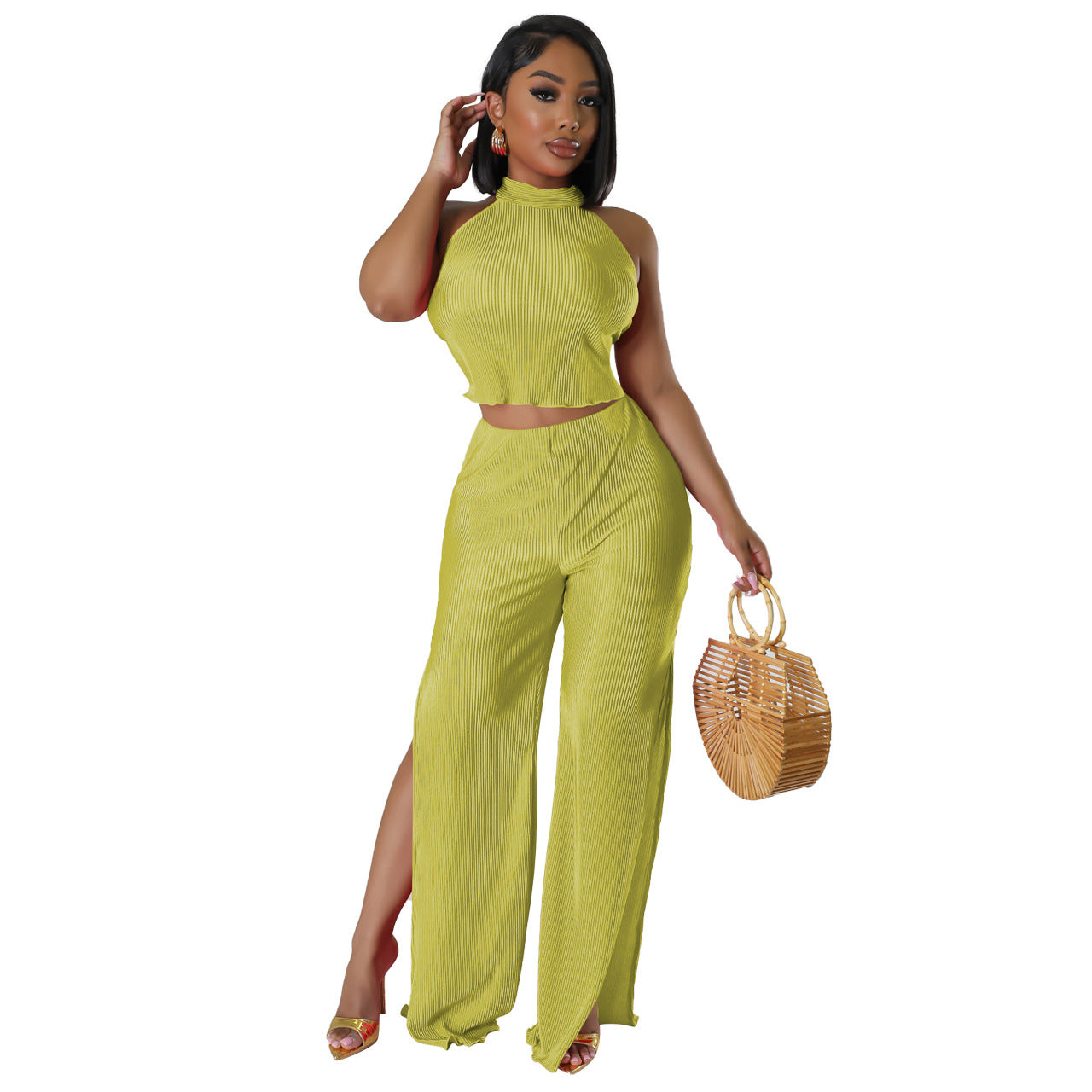 Women Sexy Backless Crop Top and Split Pants Two-Piece Set 8