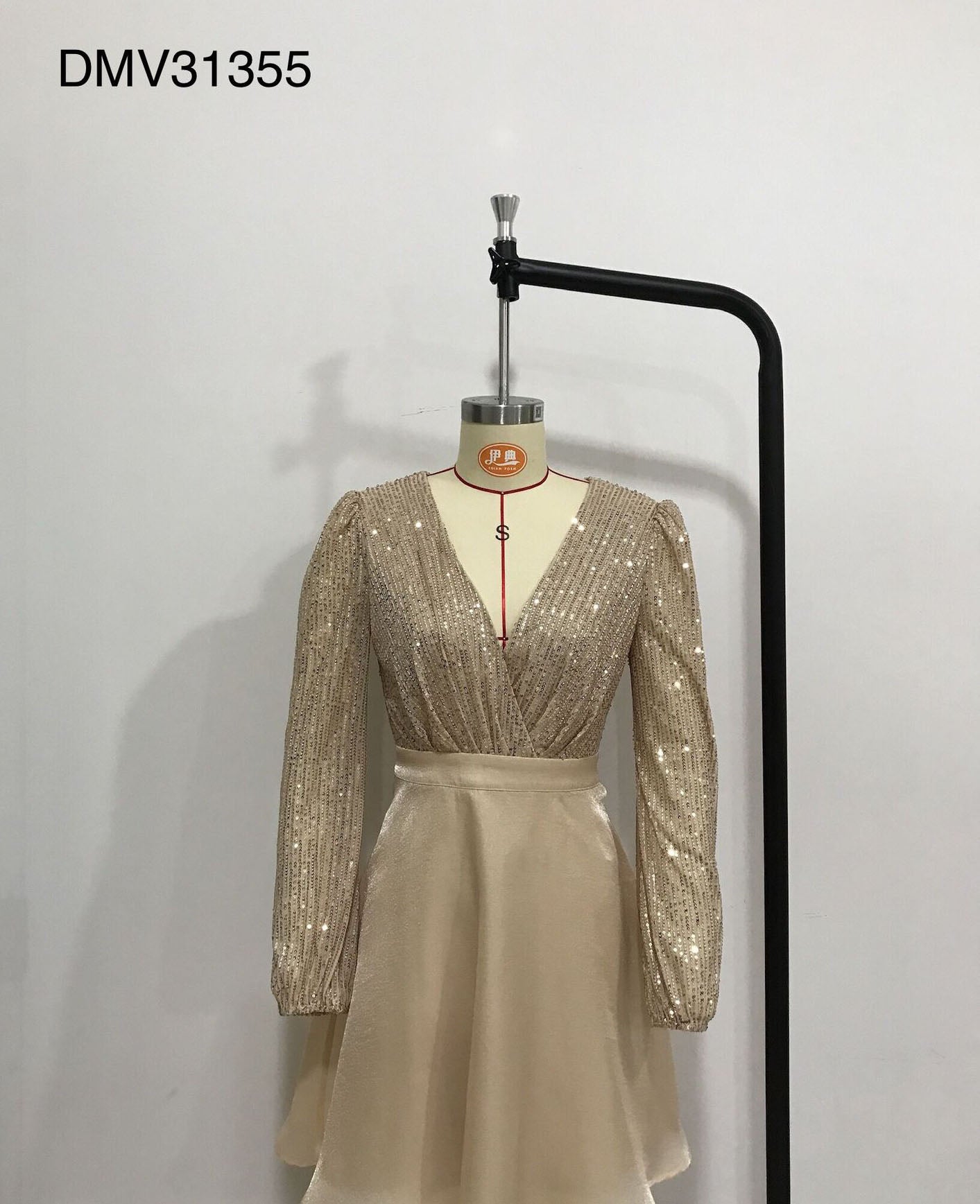 Deep V Sexy Sweet Sequin Patchwork Mesh Long Sleeve Short A-Line Party Dress 10