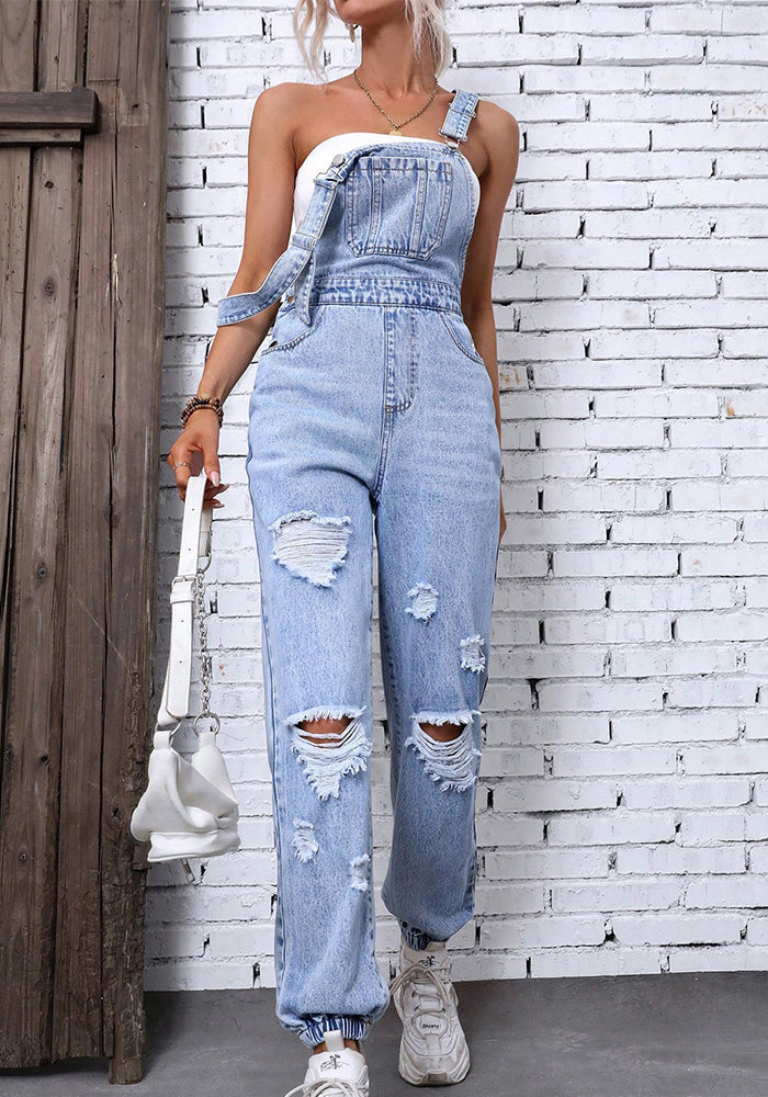 Women's Straps Overalls Ripped Denim Jumpsuit