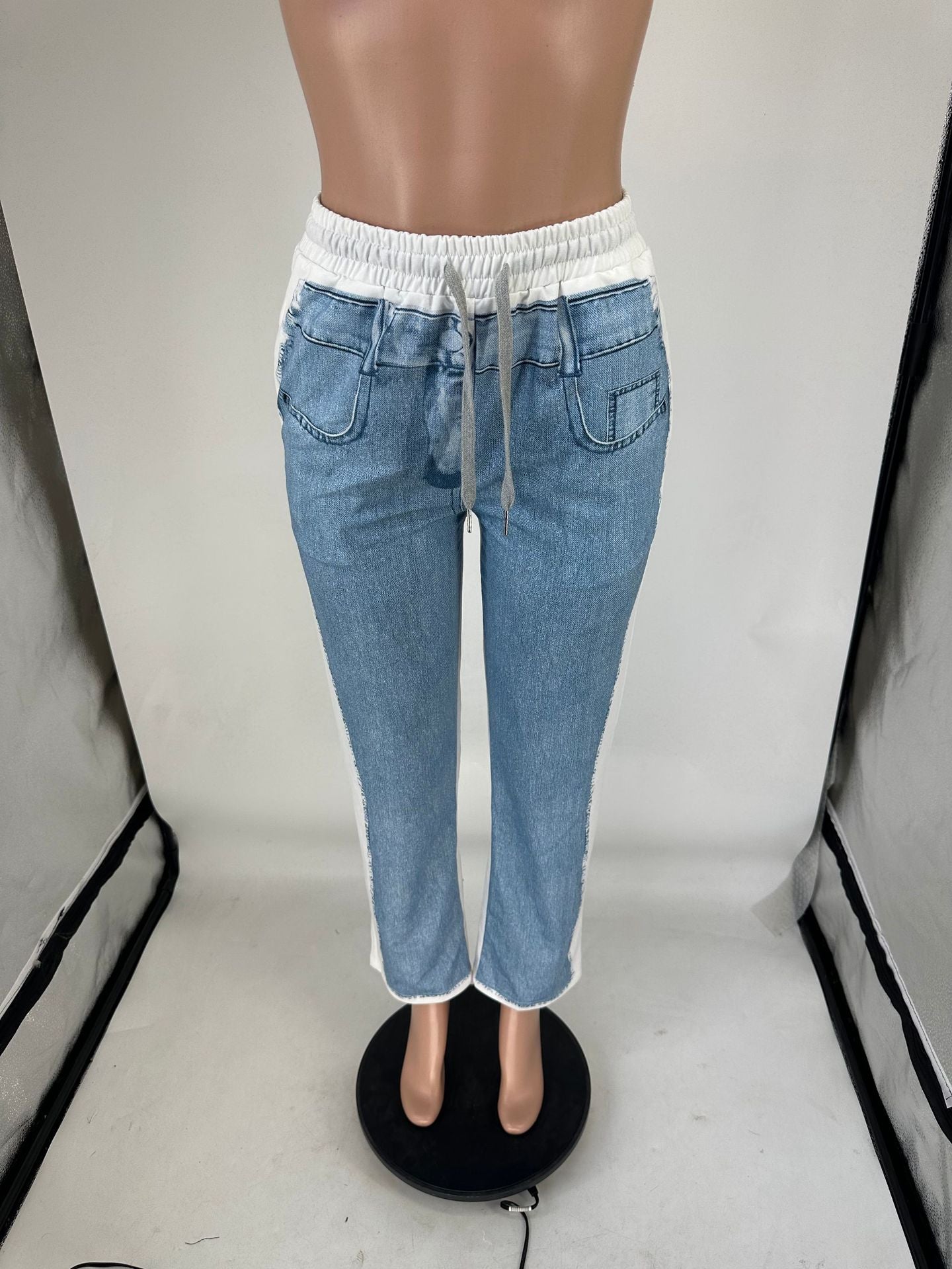 Spring/Summer Denim Print Contrast Pocket Elastic Waist Casual Straight-Leg Pants 11