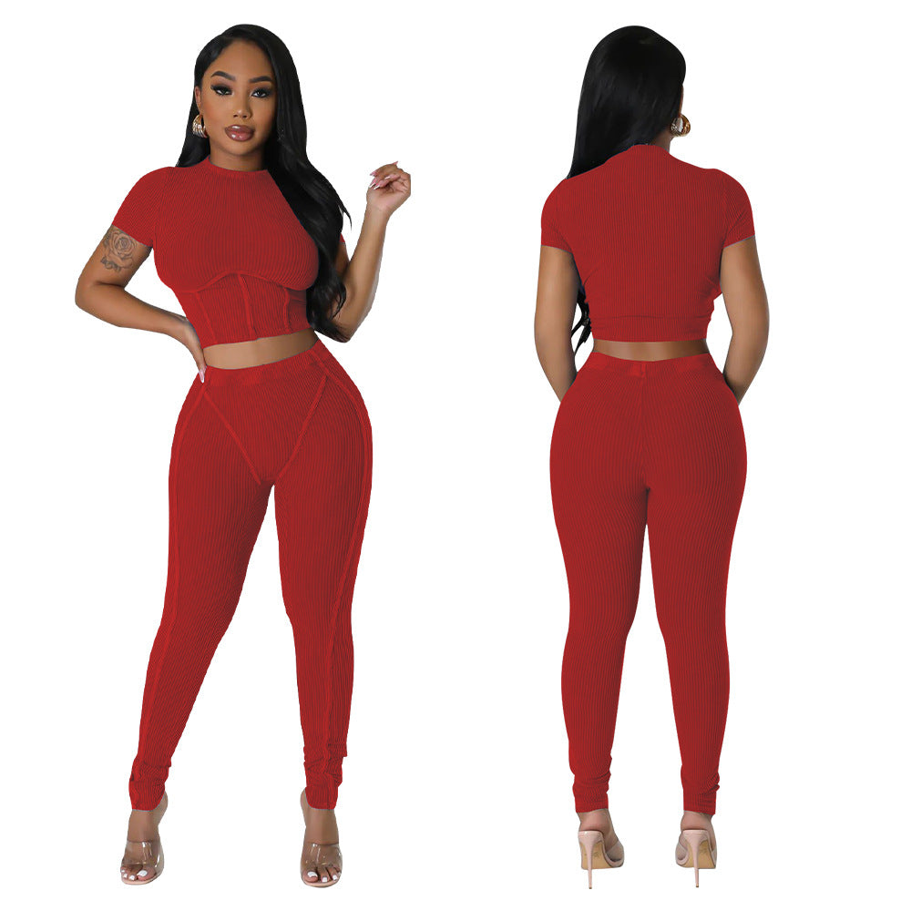 Solid Round Neck Tight Fitting Sexy Women's Sport Two Piece Pants Set 3