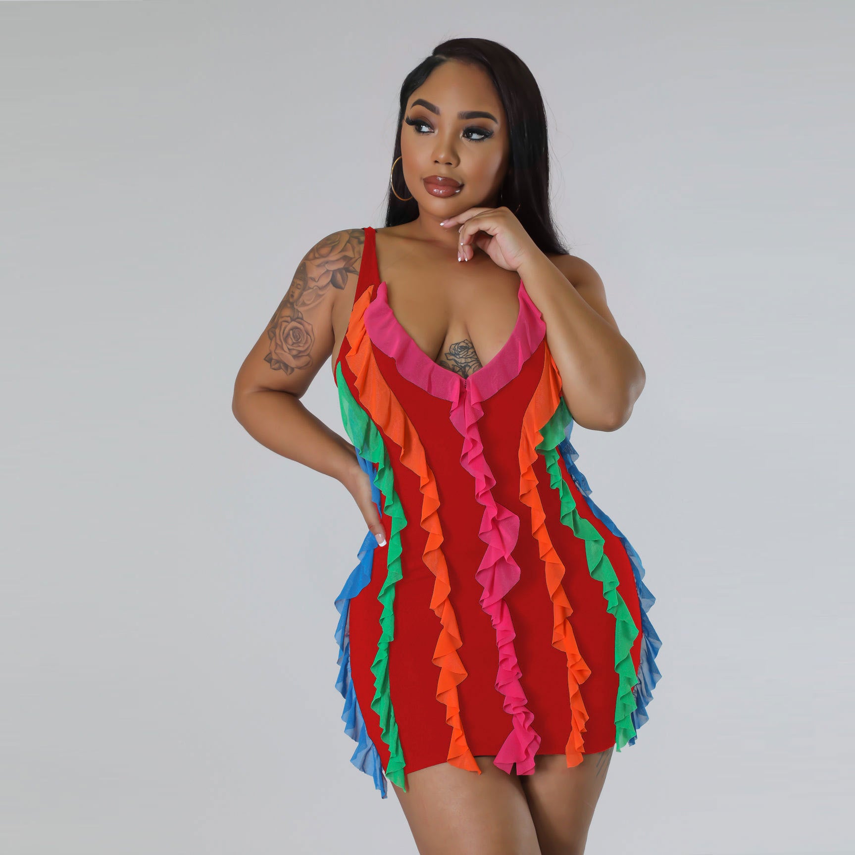 Women Contrasting Ruffles Line Irregular Mini Dress 6