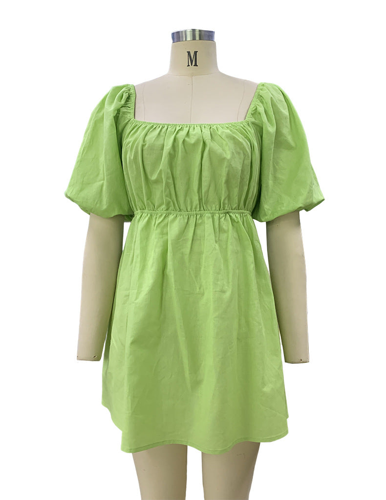 Spring Women's Fashion Square Neck Puff Sleeve Linen Dress 9