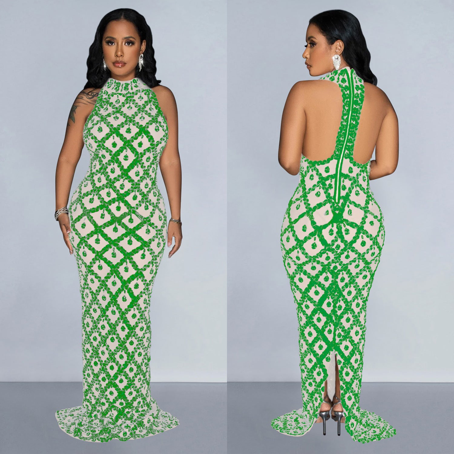 Women Solid Sequin Halter Neck Backless Maxi Dress 3