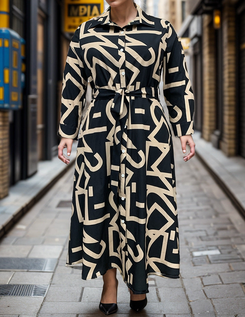 Women's Spring Summer Fashion Chic Plus Size Printed Turndown Collar Long Sleeve Dress