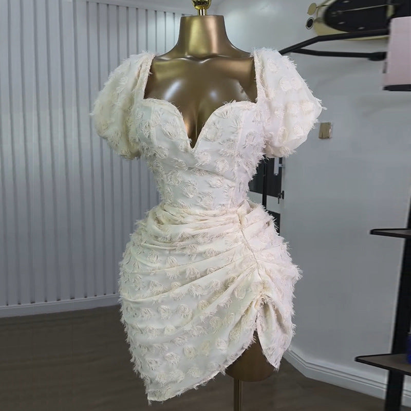 Women Spring Summer Sexy V-Neck Puff Sleeve Pleated Mini Dress 6