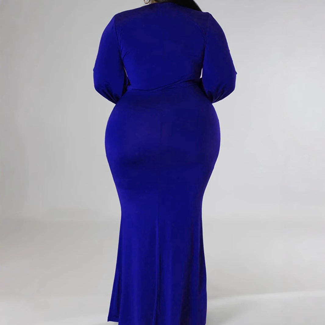 Women's Fashion Plus Size Elegant V Neck Solid Color Long Dress 3