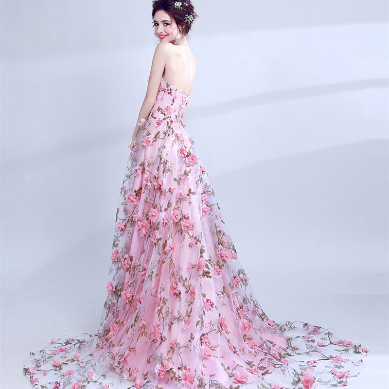 Pink Flower Lace Strapless Bride Wedding Formal Party Evening Dress（Processing time need 3-6 days） 3