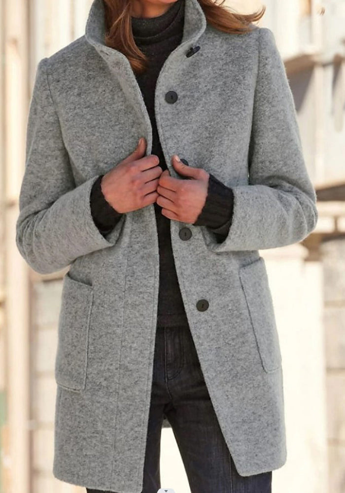 Autumn And Winter Women'S Retro Solid Color Button Stand Collar Coat