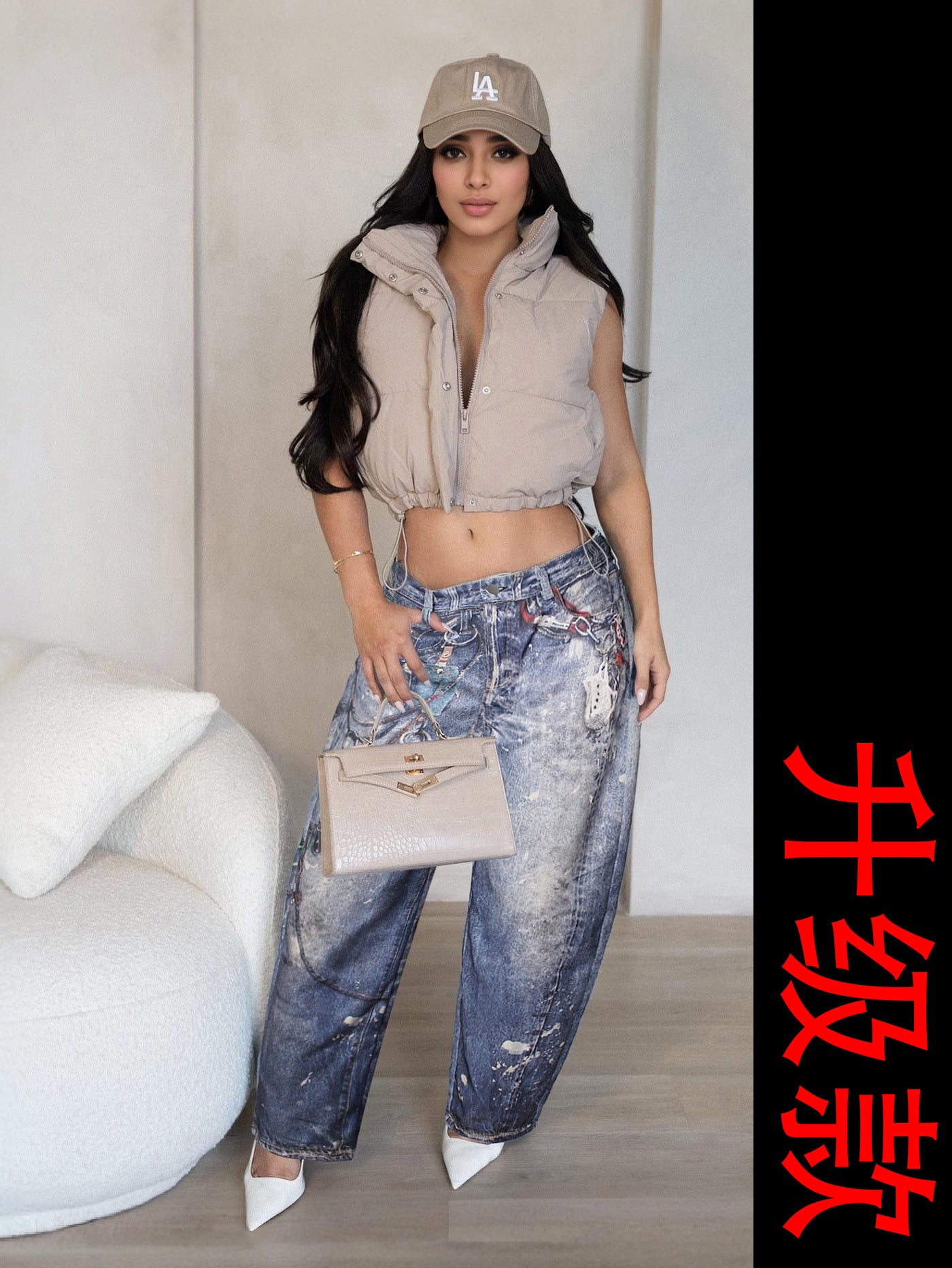 Denim Leather Print Wide-Leg Pants for Women 10