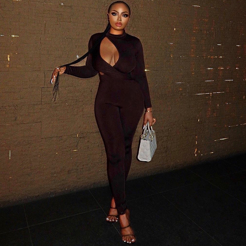 fashionable women's clothing solid color long sleeve hollow Tight Fitting jumpsuit