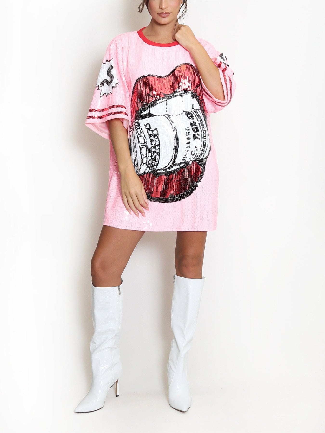 Women Round Neck Half-sleeved sequined print dress 6