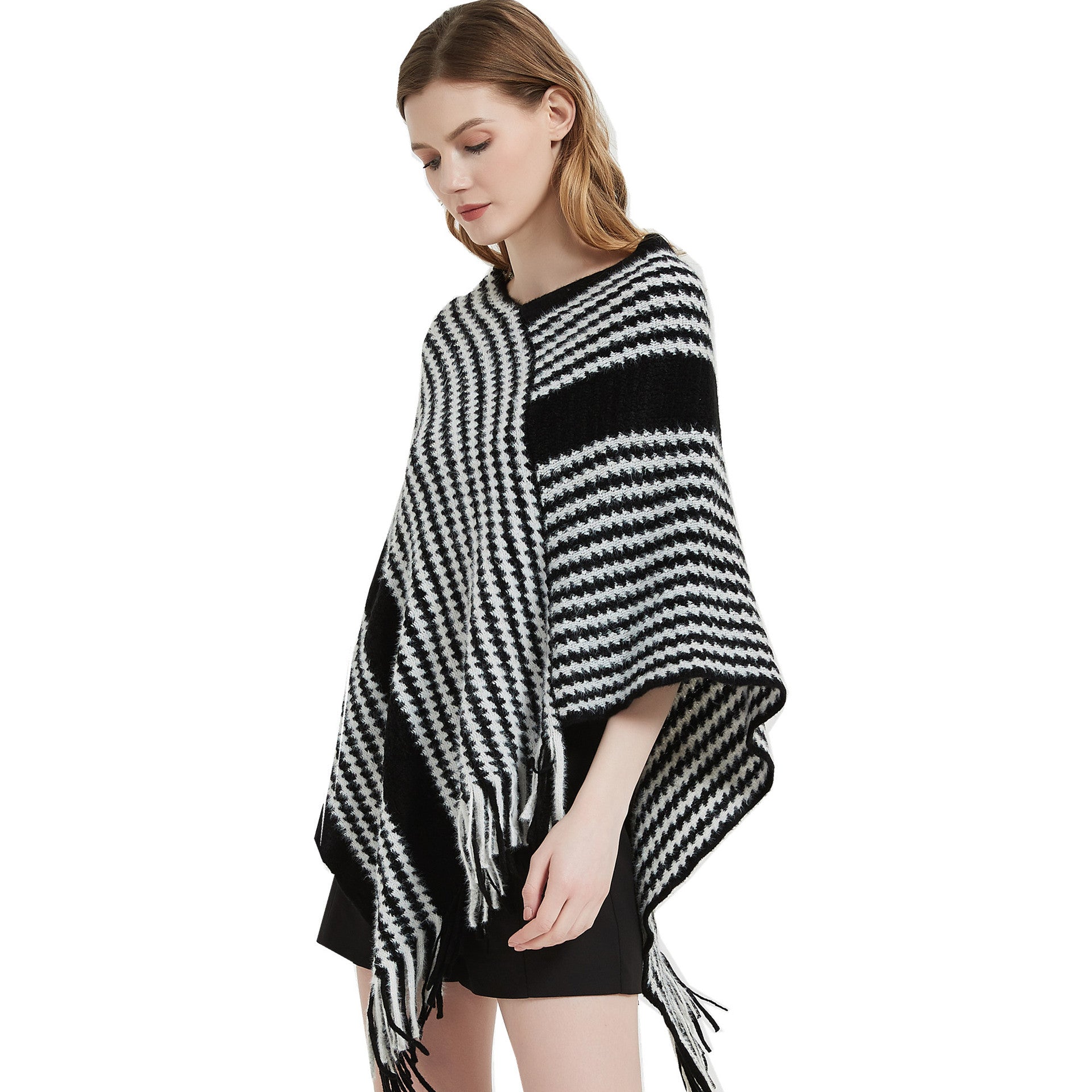 Women winter bat sleeve black striped knitting shawl sweater 10