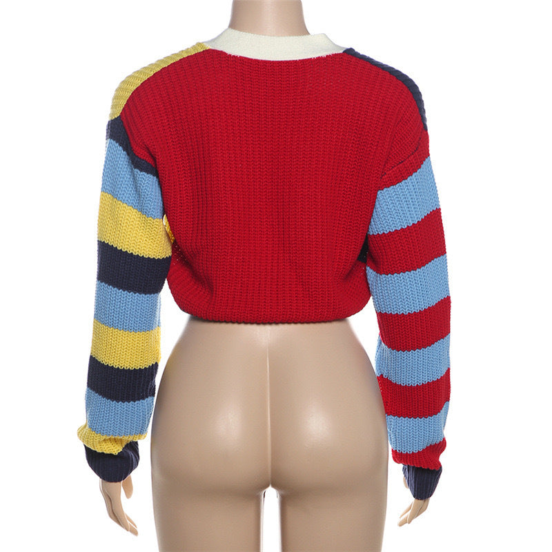 Women Casual Multi-Color Letter Sweater Stripe Contrast Button Long-Sleeved Cropped Jacket 6