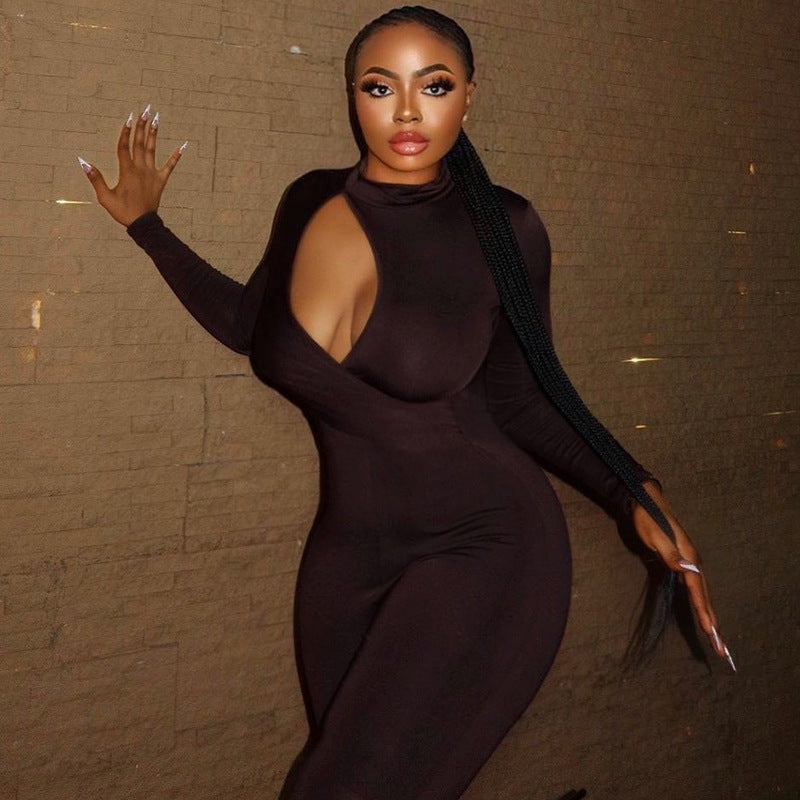 fashionable women's clothing solid color long sleeve hollow Tight Fitting jumpsuit 6