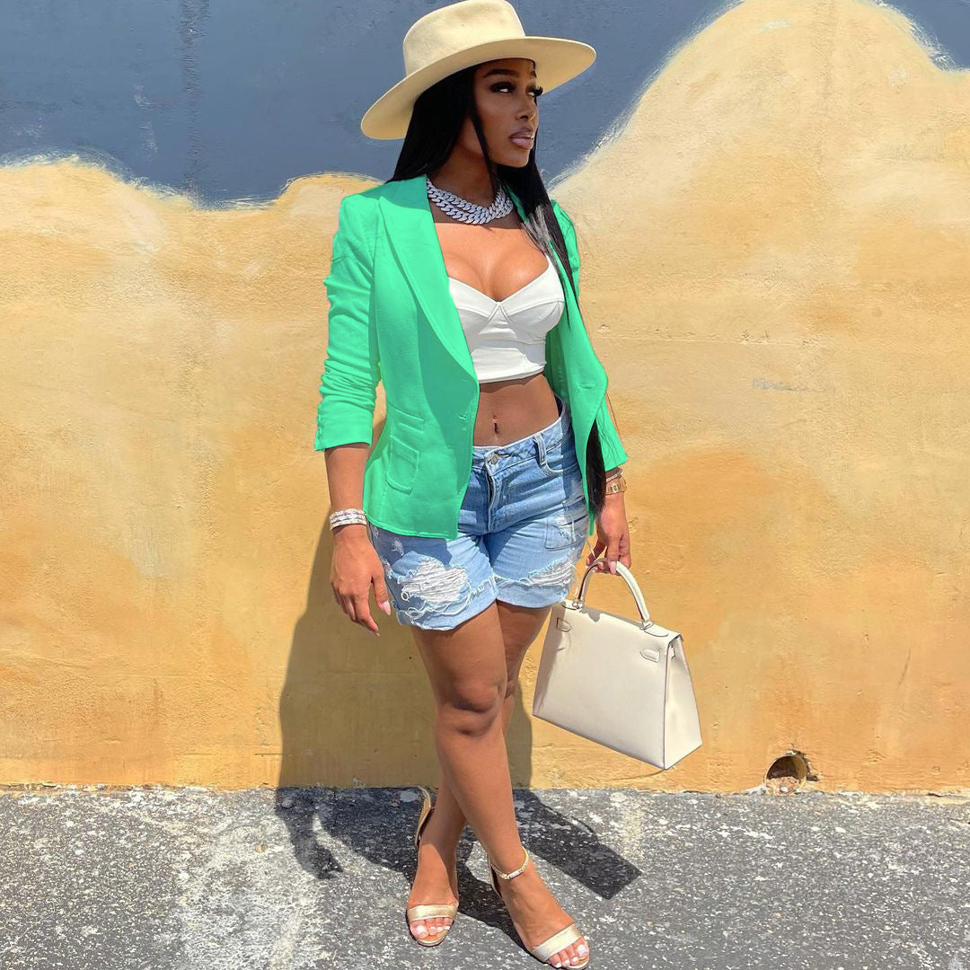 Women Solid Pocket Button Blazer 7