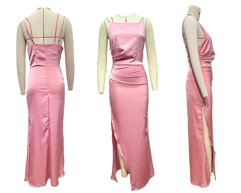 Women Solid Sexy Backless Slit Sleeveless Strap Dress 16