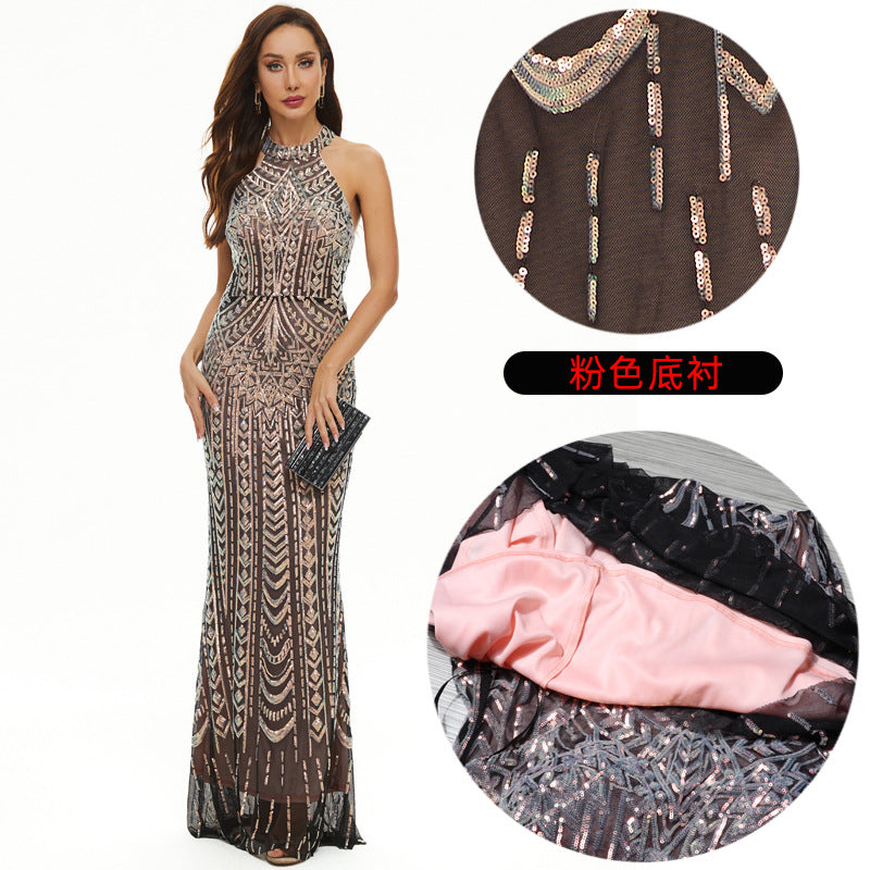 Floral Sequins Formal Party Evening Dress Long Luxurious And Sexy Halter Neck Fishtail Dress 12