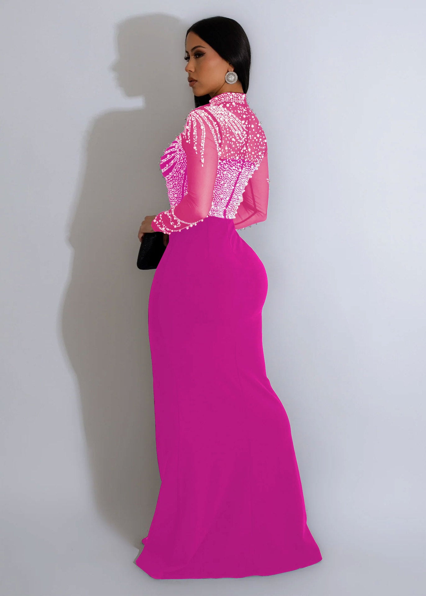 Women Beaded See-Through Bodycon Stretch Slit Dress 26