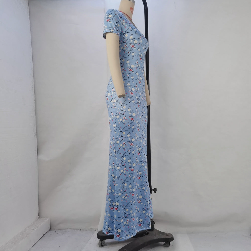 Women's Summer Print Round Neck Short Sleeve Slim Waist Slim Fit Bodycon Dress 10