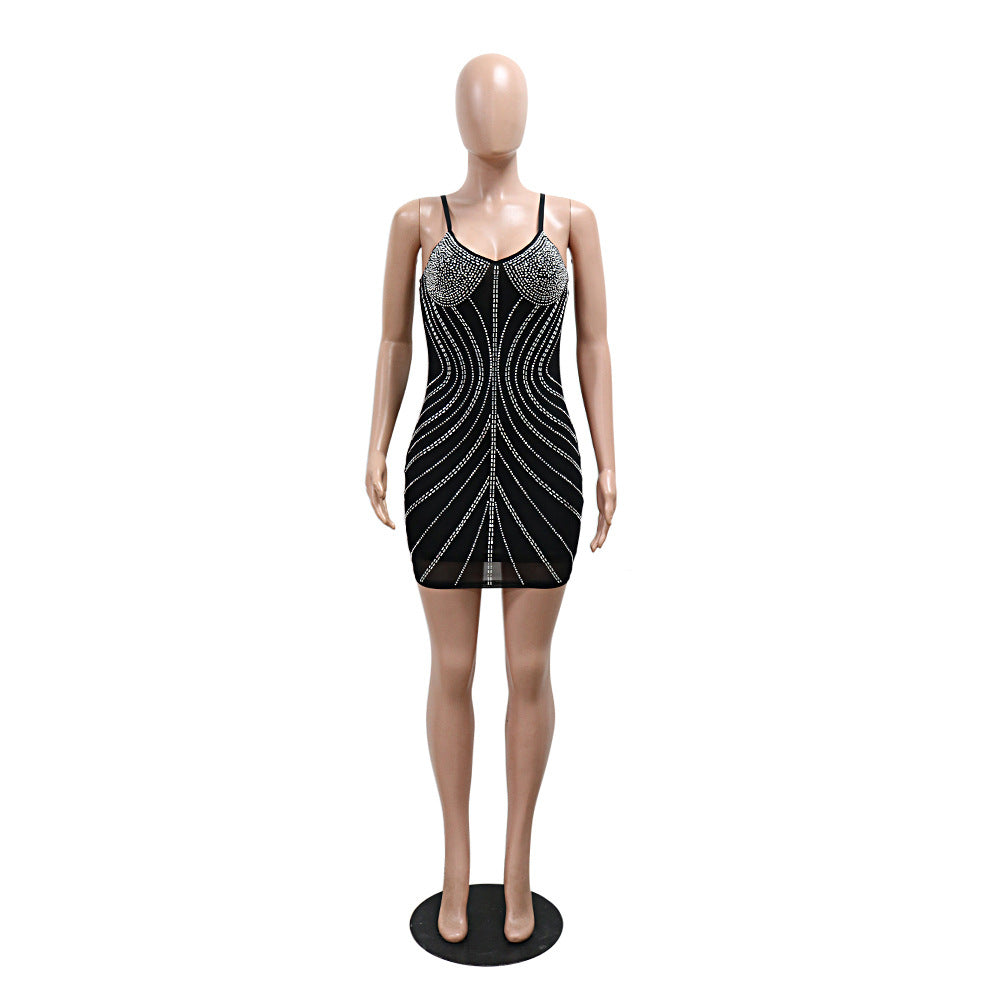 Women Solid Color Sexy Strap Bodycon Beaded Party Dress 13