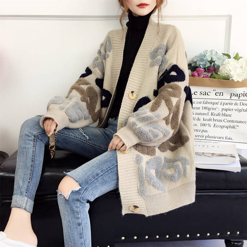Women Fall and Winter Letter Contrast Color Loose Knitting Sweater Jacket