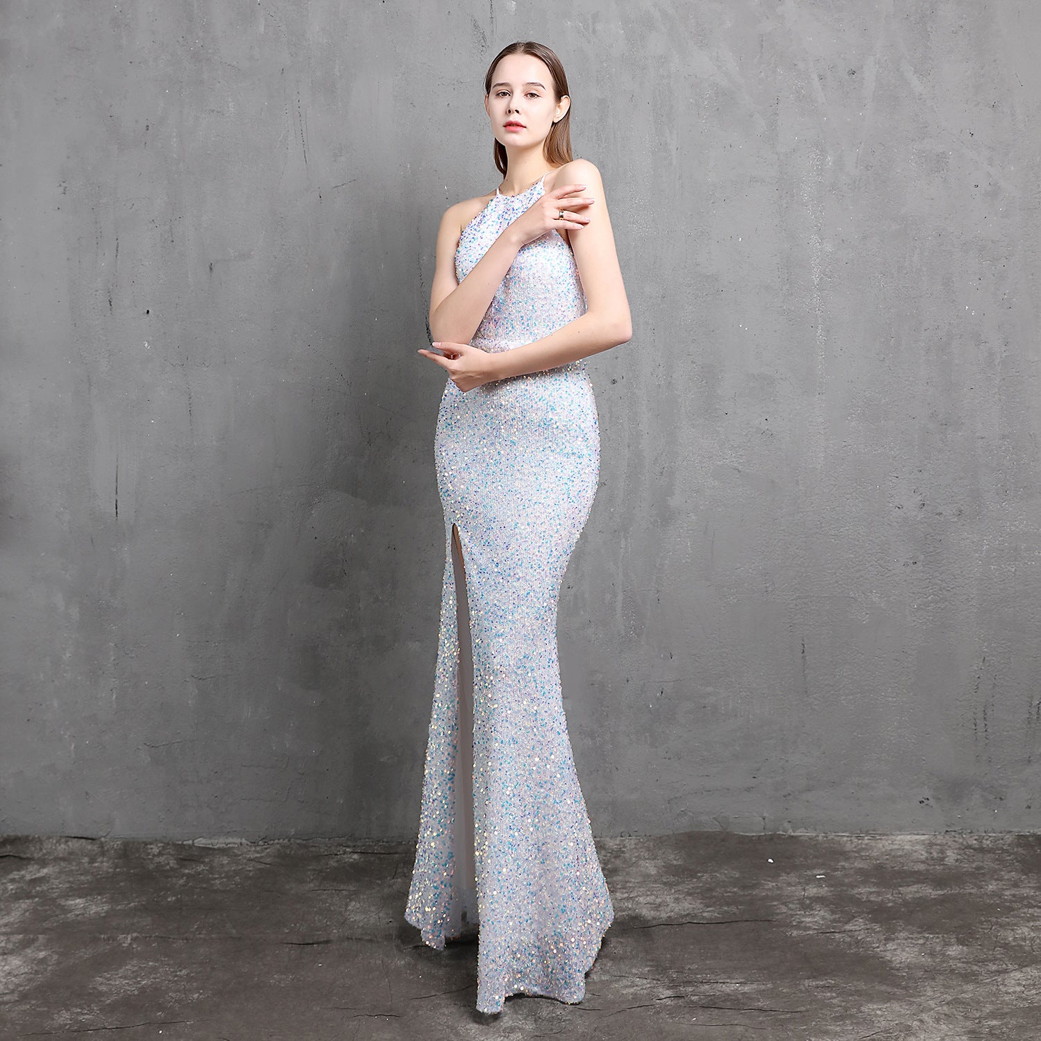 Summer Elegant Sequins Sleeveless Halter Split Evening Dress