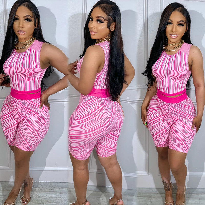 Women Summer Casual Print Sports Tank Top and Shorts Two-piece Set 3