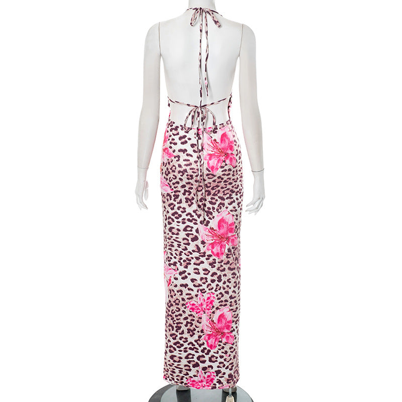 Women's Chic Flower Leopard Print V-neck Low Back Slim Long Dress 20