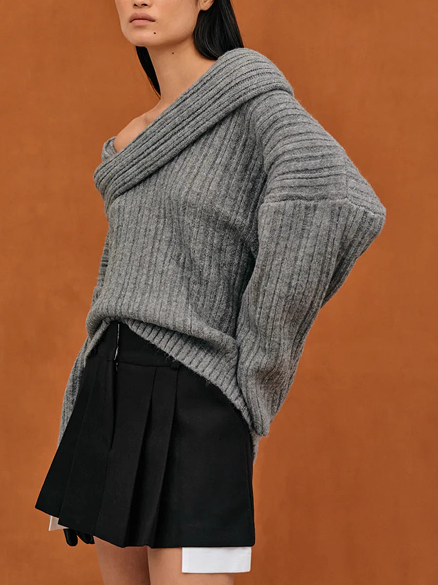 Women Autumn Trend Irregular Off Shoulder Loose Casual Knitting Shirt Long Sleeve Sweater 7