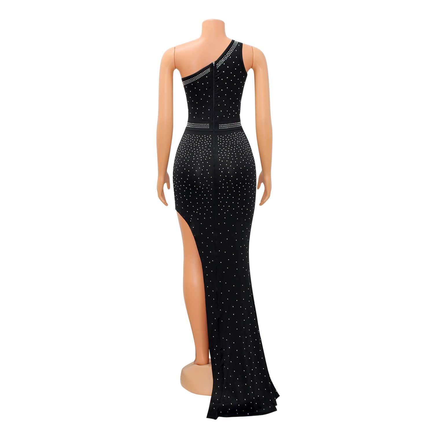 Summer Women'S Sexy One Shoulder Rhinestone Beaded Nightclub Long Dress 10