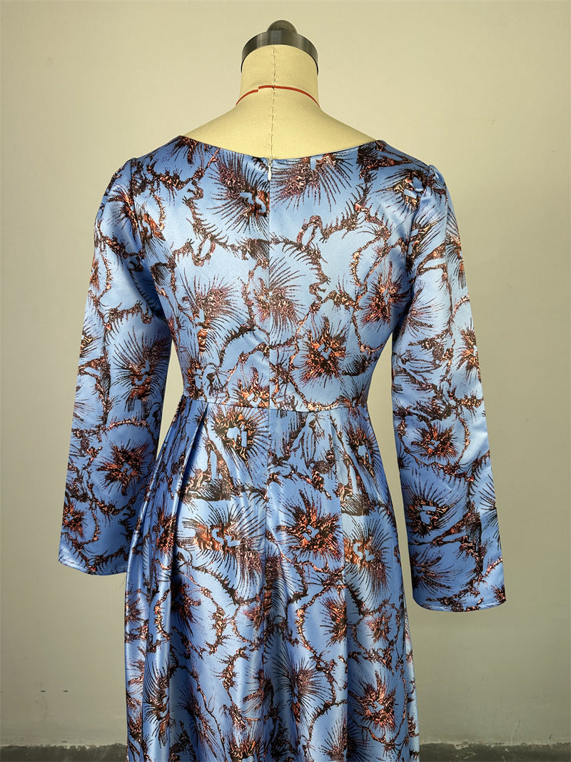 Women Spring Round Neck Long Sleeve Maxi Pleated Dress 10