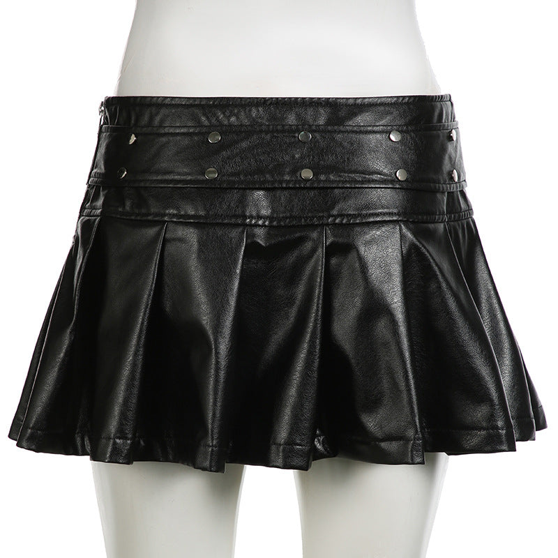 sexy zipper Slim Waist rivet pleated leather miniskirt 9