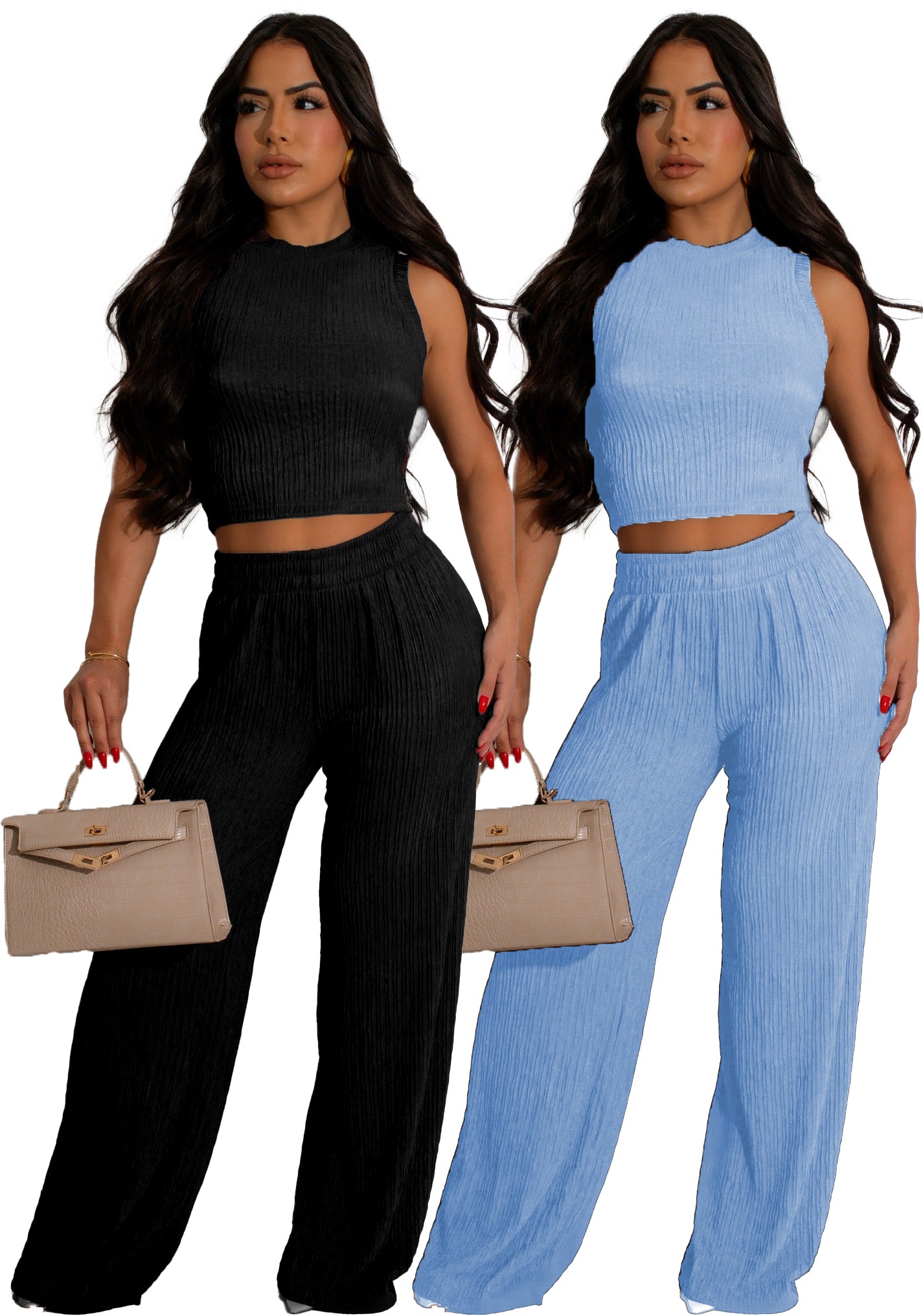 Fashion Solid Color Sleeveless Wide Leg Two Piece Pants Set 7