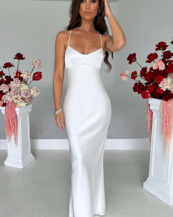 Women Sexy Suspender Satin Backless Lace-Up Dress 3