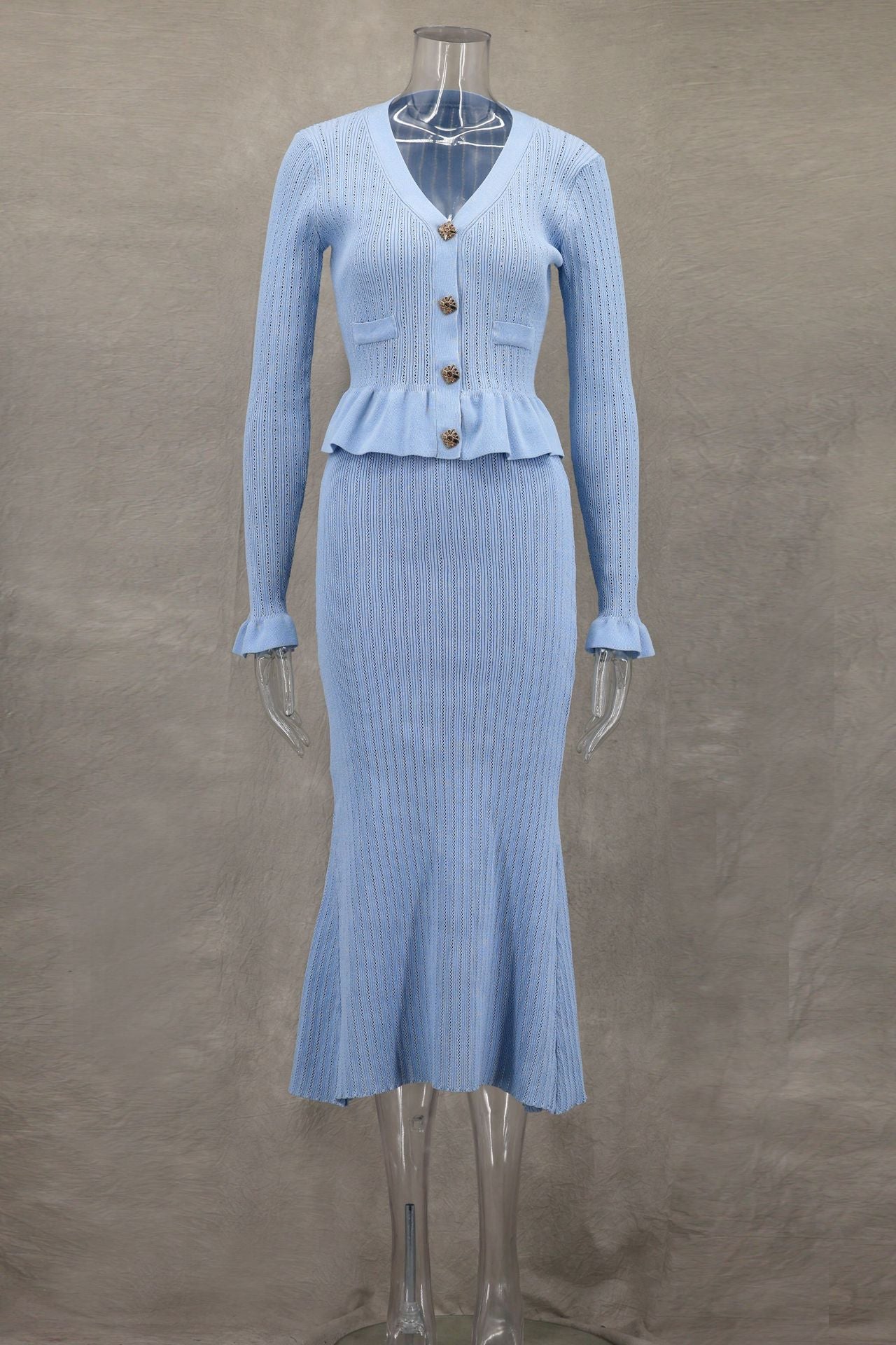 Autumn Winter Elegant Ruffled V-Neck Bodycon Fishtail Skirt Set 16