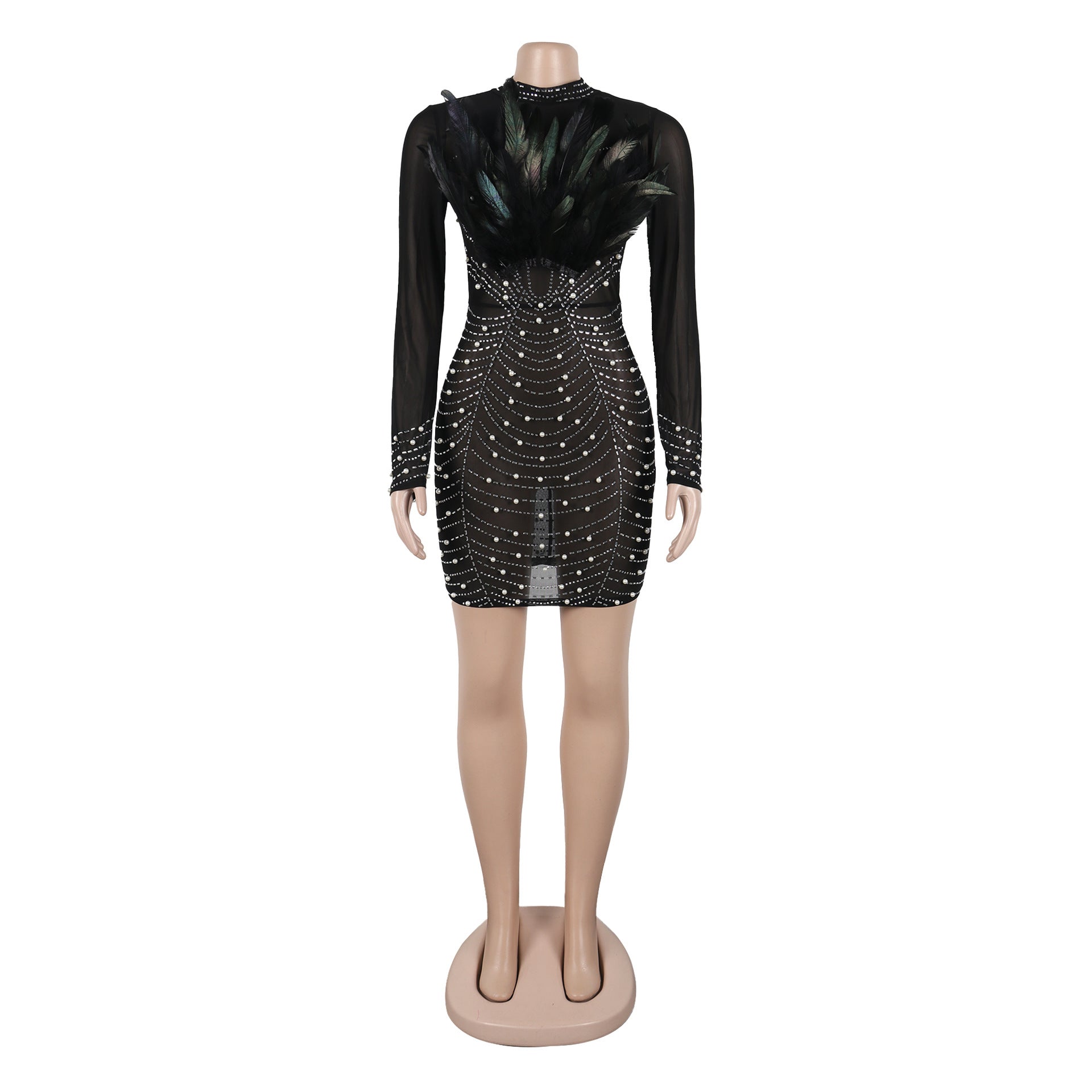 Sexy See Through Mesh Long Sleeve Beaded Feather Bodycon Dress 9