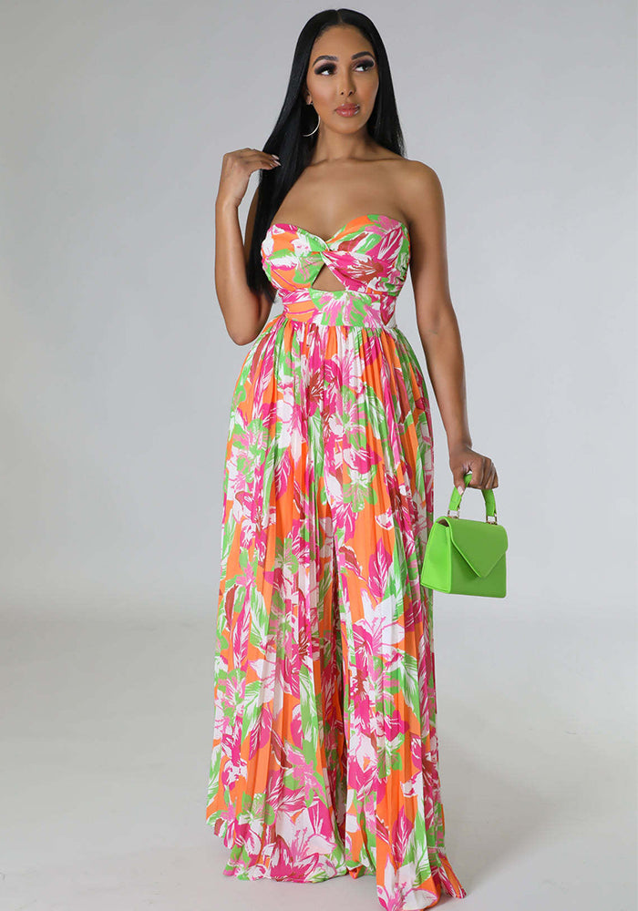 Women Summer Off Shoulder Print Pleated Jumpsuit