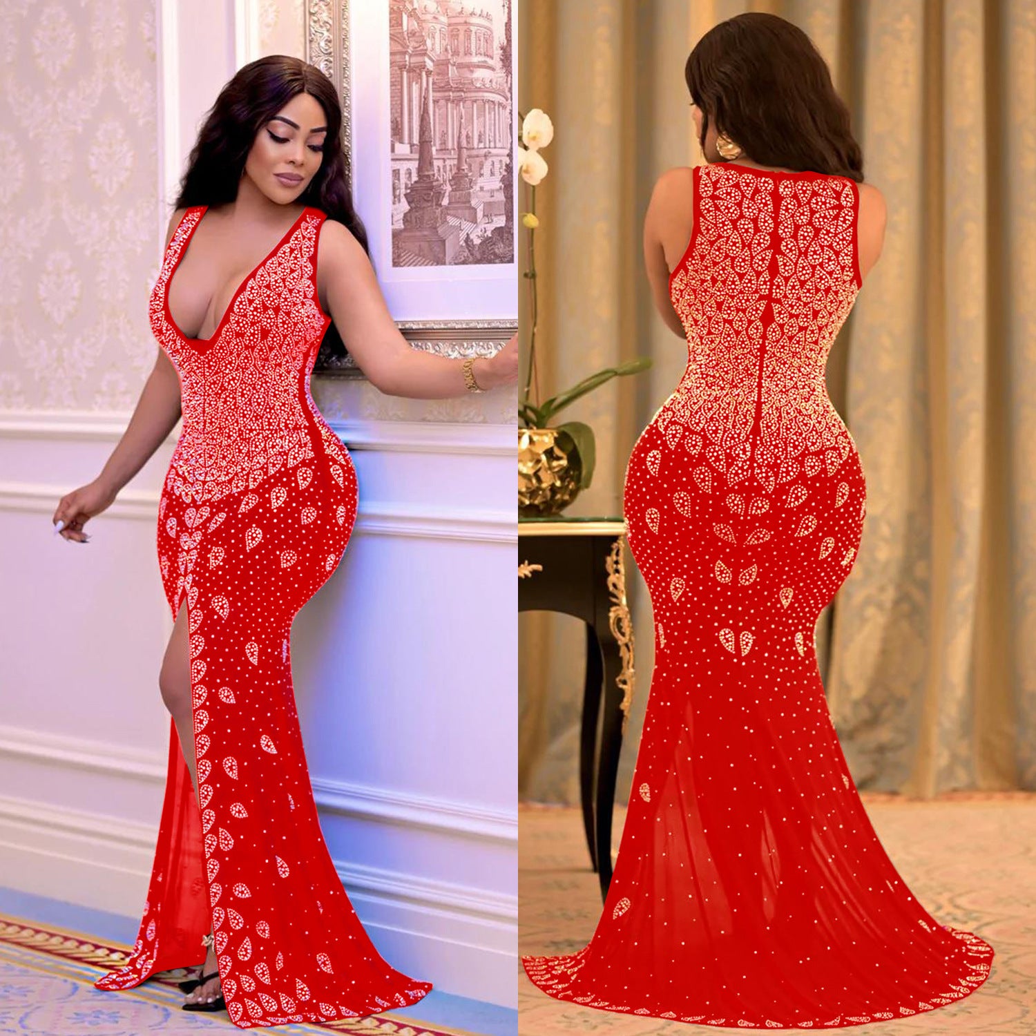 Women's Sexy V-Neck Tight Fitting Mesh Nightclub Party Beaded Dress 3