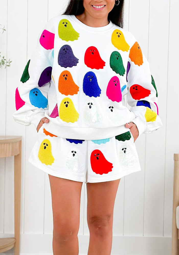 Halloween Women Printed Ghost Print Long Sleeve Top and Shorts Two Piece Set