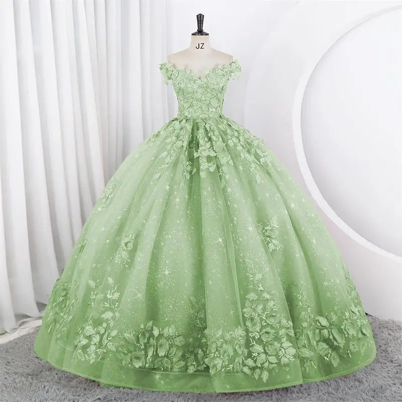 Women Puffy Tulle Embroidered Off-Shoulder Performance Costume Ball Gown 18