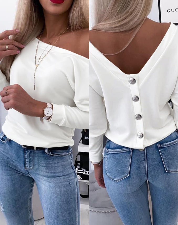 Autumn Long-Sleeved Back Button Solid Color V-Neck Shirt Top 3