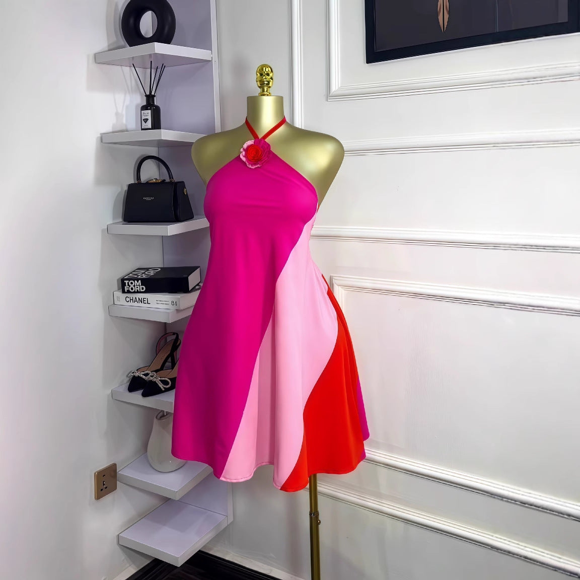 Women Summer Colorblock Floral Sleeveless Halter Neck Backless Lace-Up Dress 5