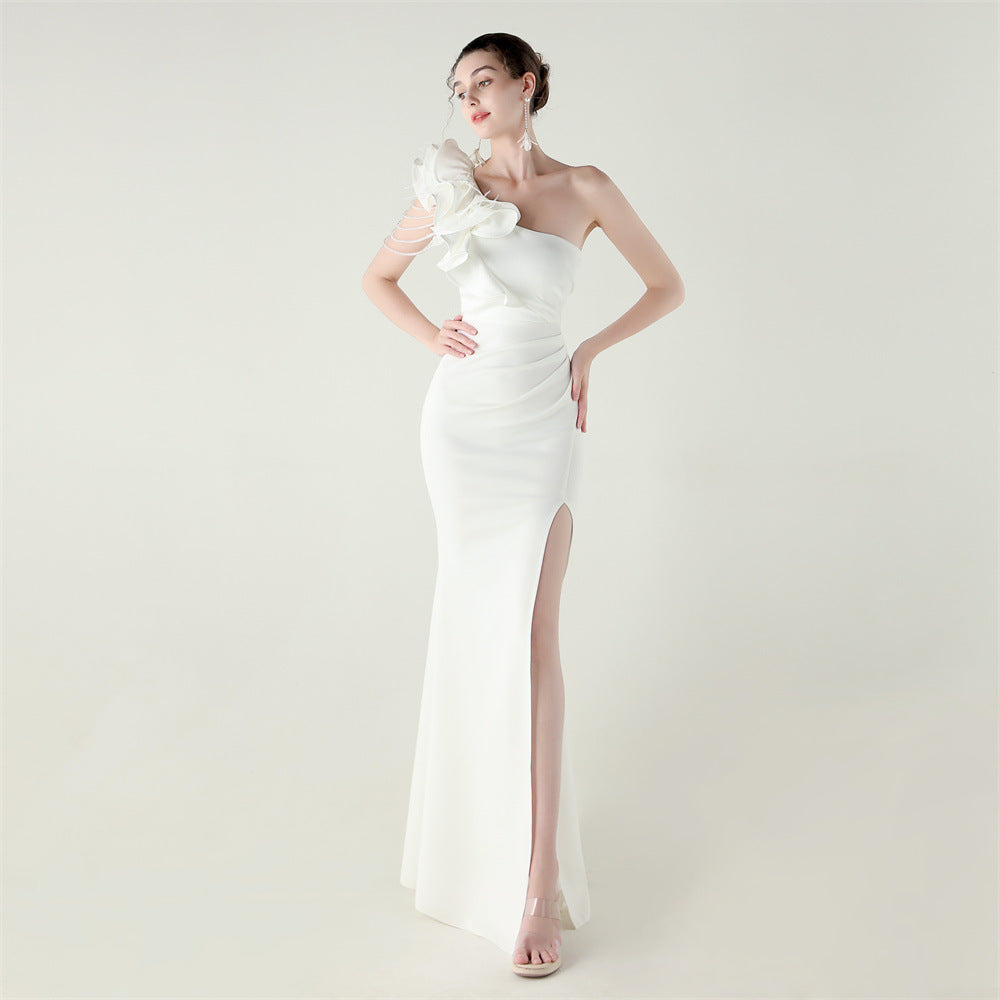 Women One-Shoulder Beaded Wool and Floral Satin Slit Sexy Evening Dress 13