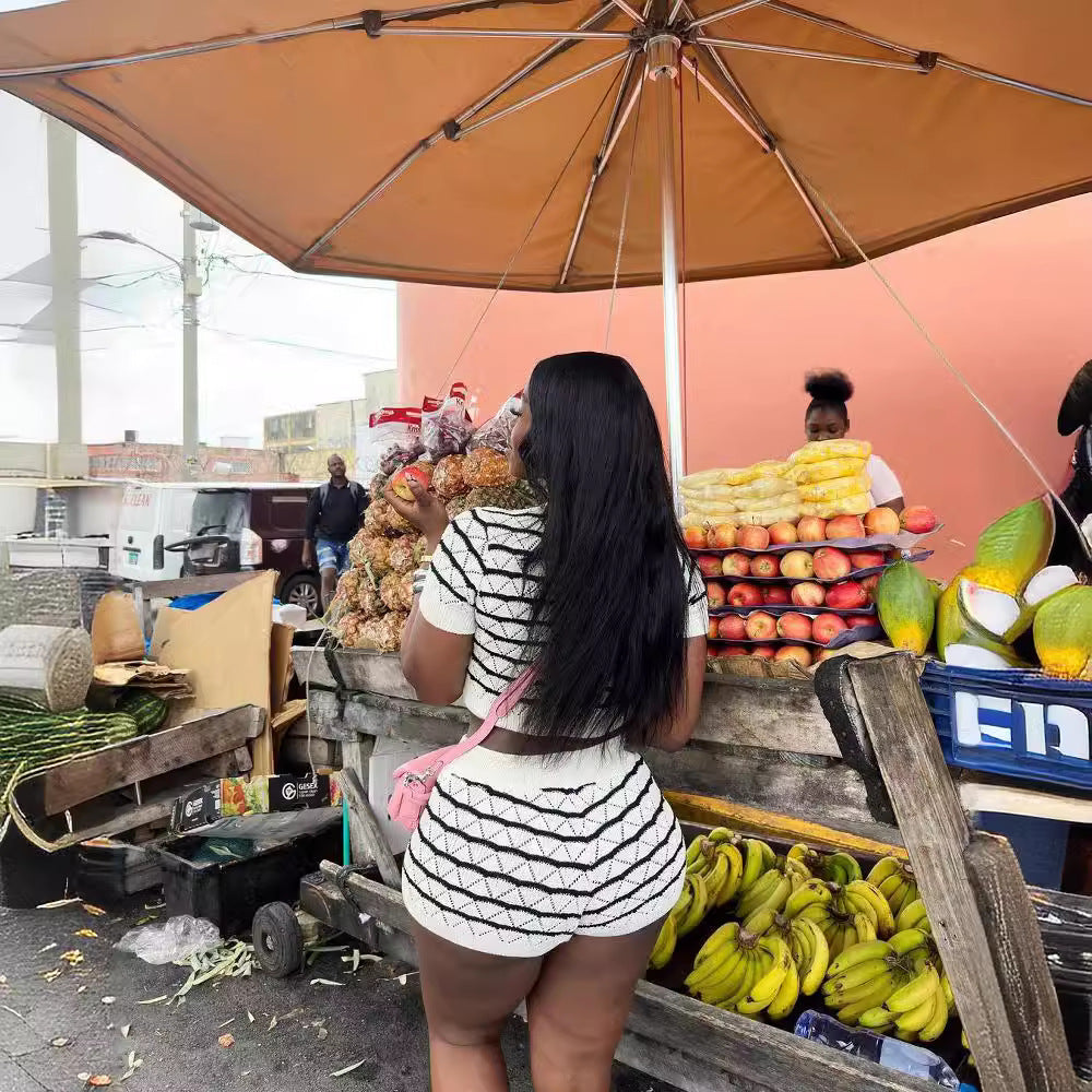 Women Casual Sweater Striped Top and Shorts Two-piece Set 8