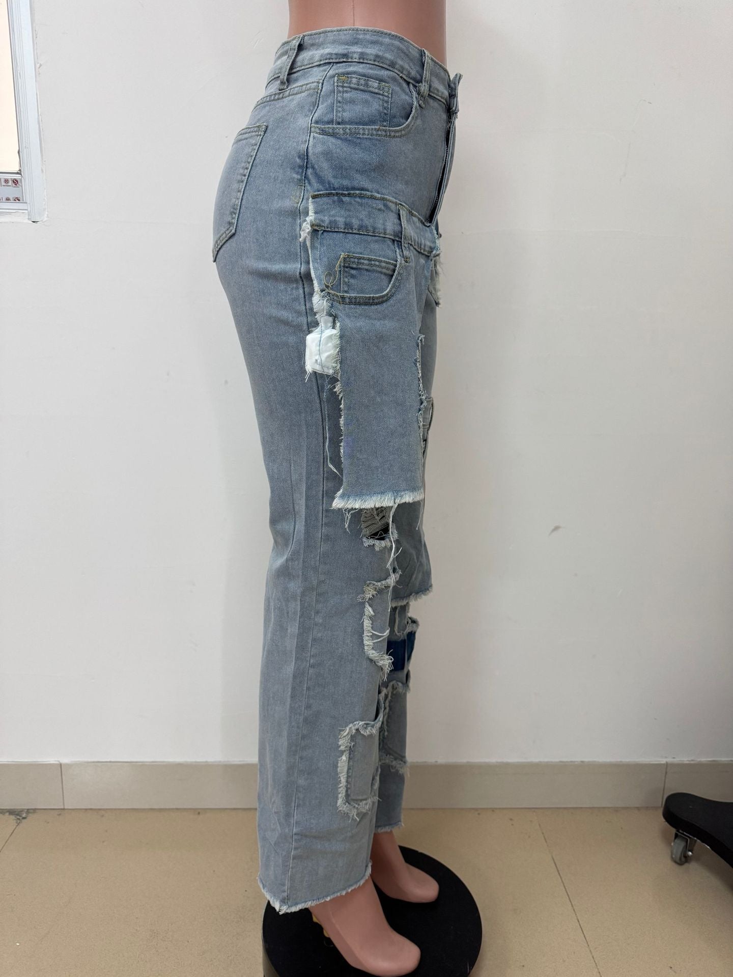 Women's Fashion Loose Straight Leg Washed Multi-Pocket Patchwork Applique Washed Street Denim Pants 5