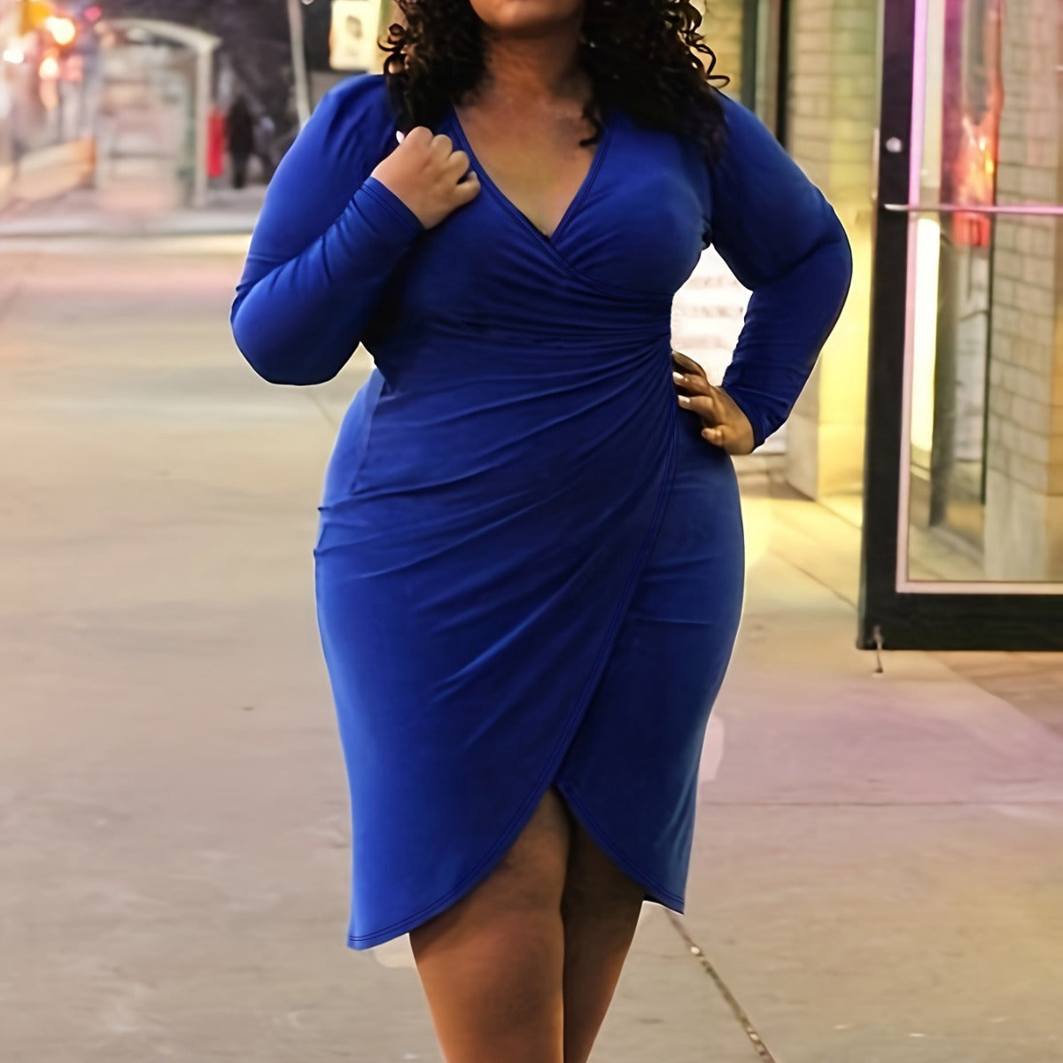 Plus Size Long Sleeve Slim V Neck Pleated Irregular Bodycon Dress 3