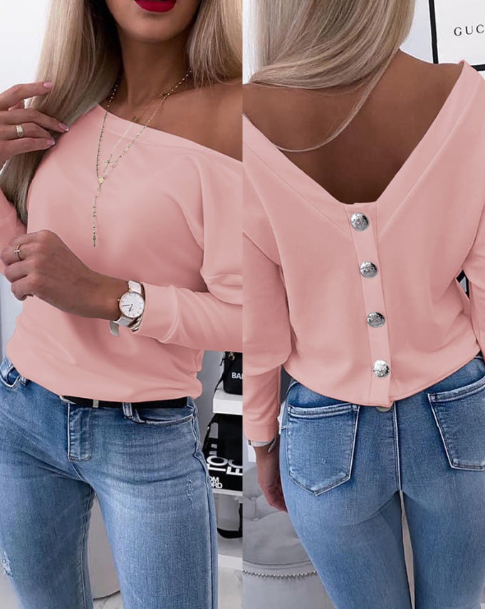 Autumn Long-Sleeved Back Button Solid Color V-Neck Shirt Top 4