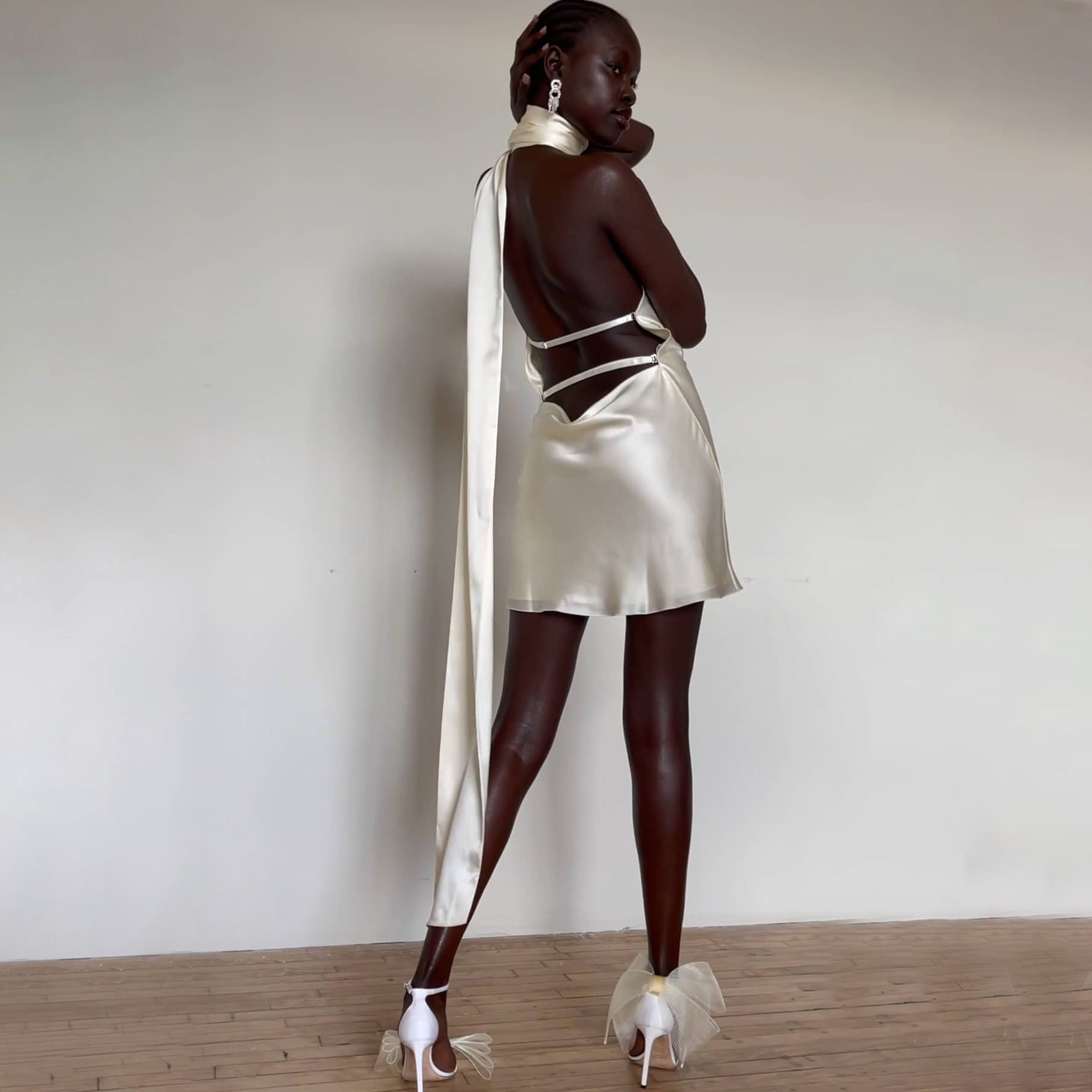 Feminine Low Back Adjustable Halter Neck Satin Dress 6