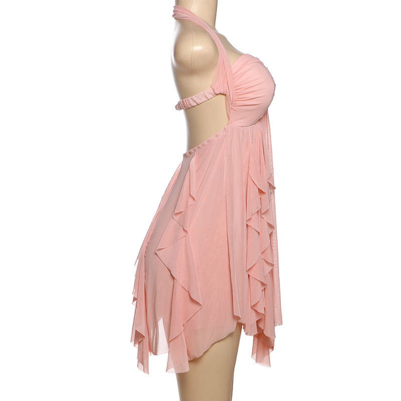 Summer Women's Sexy Halter Neck Low Back Asymmetrical Short Dress 35